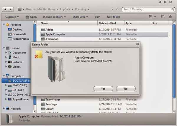 Tiếp tục xóa mục Apple Computer trong đường dẫn ổ C
