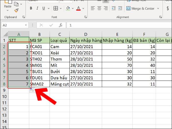 Đánh số thứ tự trong ứng dụng Excel bằng thao tác kéo chuột.