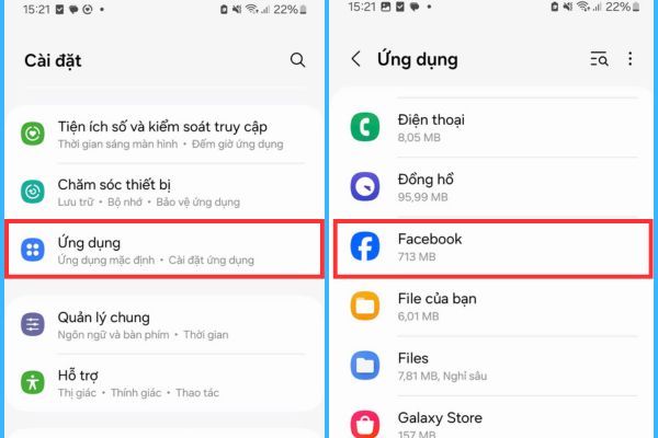 Chọn Facebook trong mục Ứng dụng