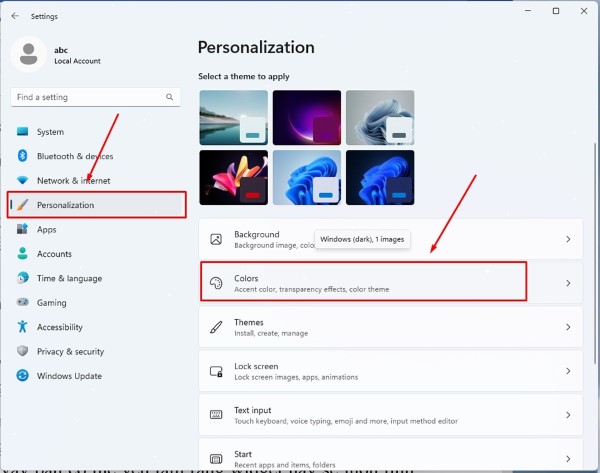 Chọn Personalization > Colors