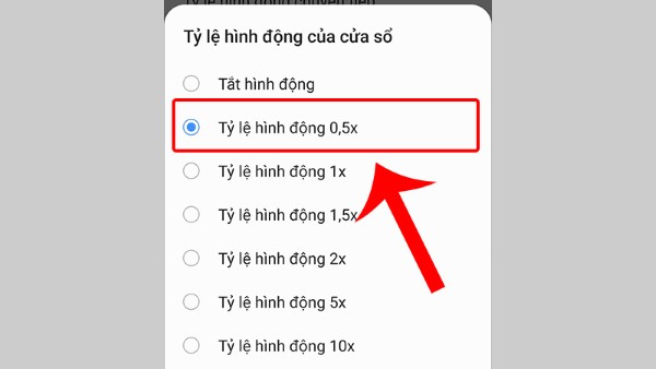 Chỉnh các mục tỷ lệ hình động về 0.5x