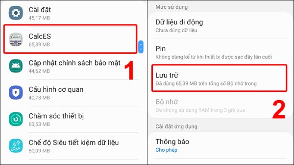 Chọn ứng dụng cần xóa → mở Lưu trữ