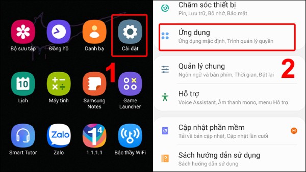 Mở vào Cài đặt → chọn Ứng dụng