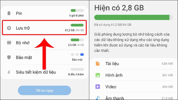 Chọn mục Lưu trữ để kiểm tra và xóa dữ liệu