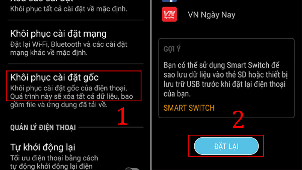 Nhấn Đặt lại để xác nhận