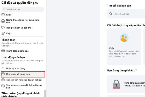 Chọn mục Ứng dụng và trang web