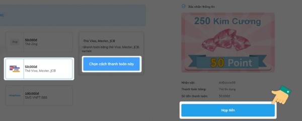 Chọn cách nạp bằng thẻ Visa/Mastercard/JCB