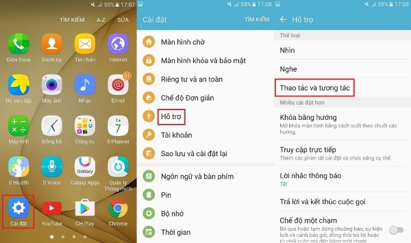 Bật menu hỗ trợ trong cài đặt