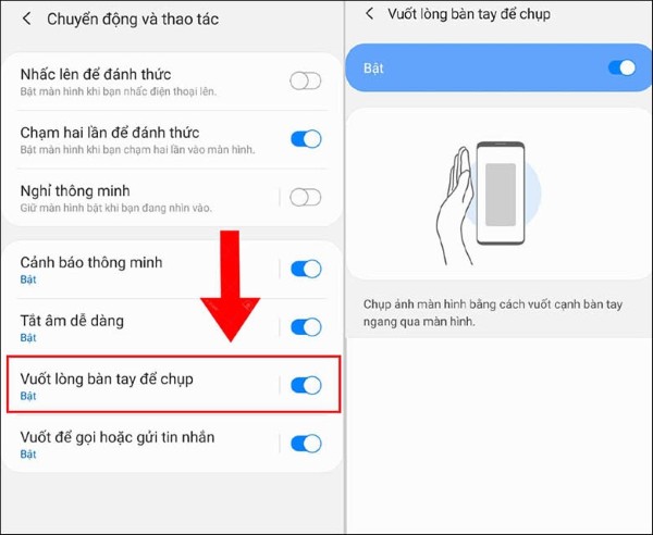 Bật Vuốt lòng bàn tay để chụp