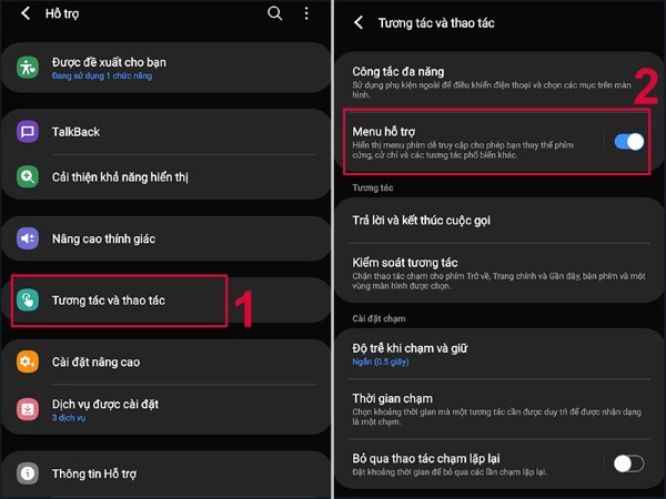 Gạt thanh để kích hoạt Menu hỗ trợ