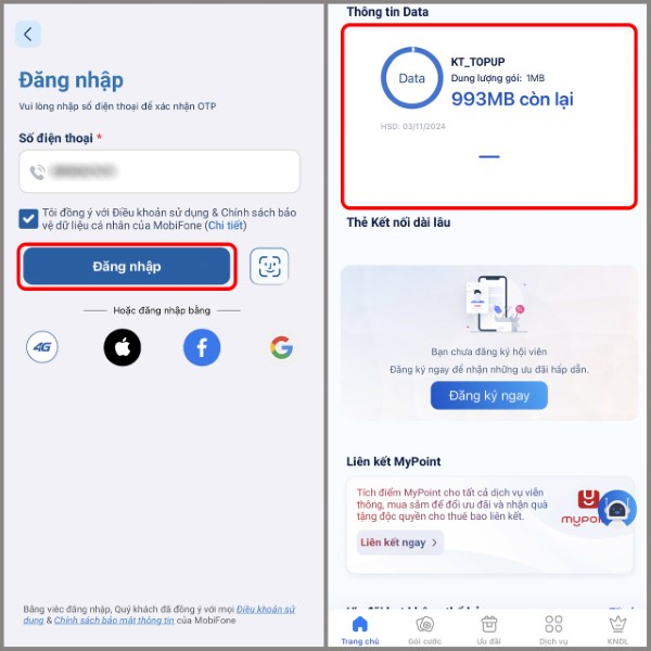 Xem thông tin dung lượng còn lại tại mục Data