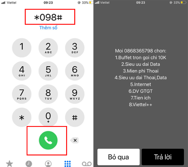 Nhập *098# sau đó nhấn Gọi