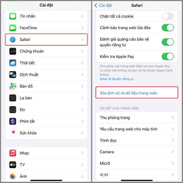 Chọn Xóa lịch sử và dữ liệu trang web