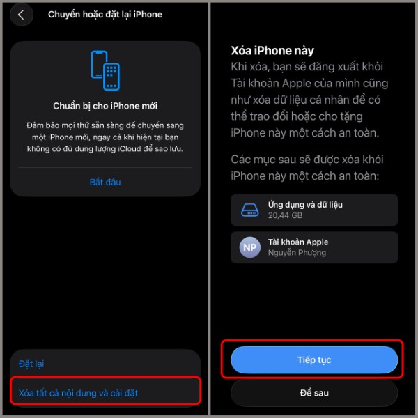 Chọn Xóa tất cả nội dung và cài đặt