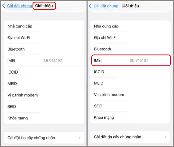 Mở mục Giới thiệu để xem mã IMEI