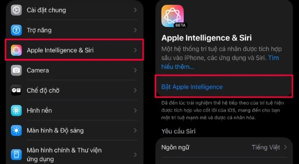 Mở Cài đặt (Settings) → chọn Apple Intelligence → nhấn Bật Apple Intelligence
