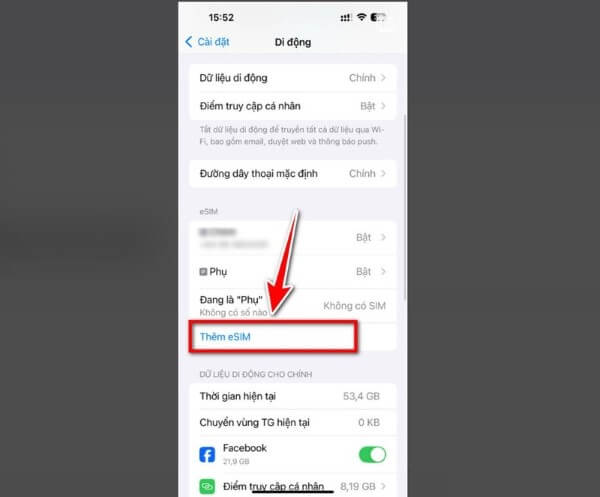 Kiểm tra mục hiển thị Thêm eSIM